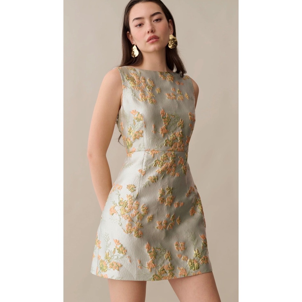 Few Moda Kourt Sage Green Floral Brocade V-Back Sleeveless Mini Dress Size 10